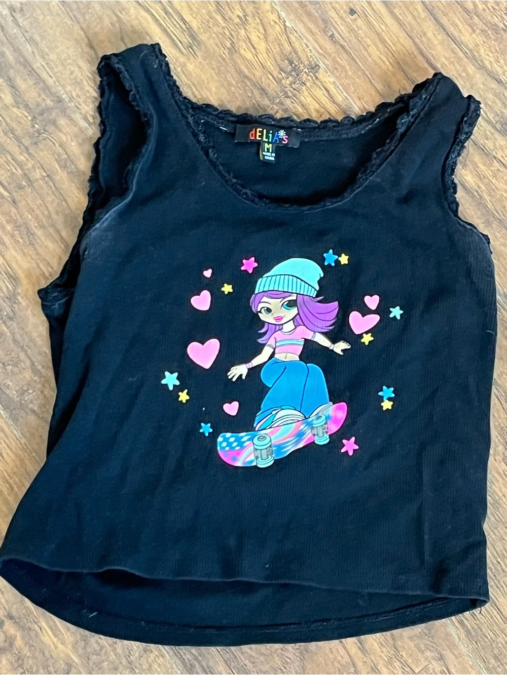 dELiA*s Black Girls' Graphic Skateboard Tank with Pink & Blue Accents